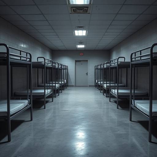 Imagen de un dormitorio en una celda de m铆nima seguridad con varias camas y espacio com眉n.