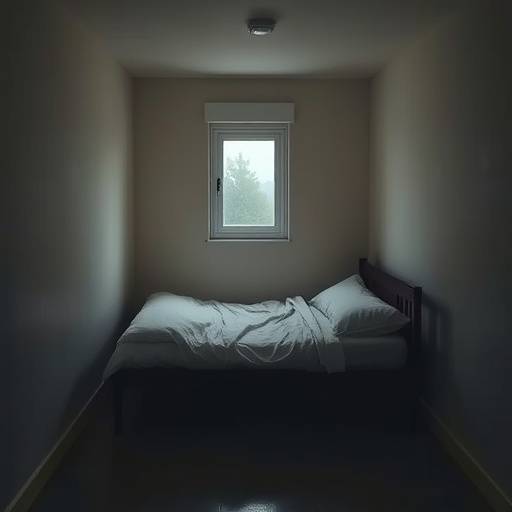 Imagen de una celda de aislamiento con una cama sencilla y una peque帽a ventana.