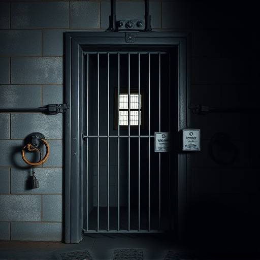Imagen de una celda de m谩xima seguridad con puerta de acero reforzado y peque帽a ventana.