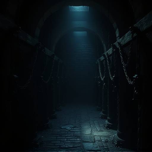 Representaci贸n art铆stica de una mazmorra medieval oscura y h眉meda con prisioneros encadenados